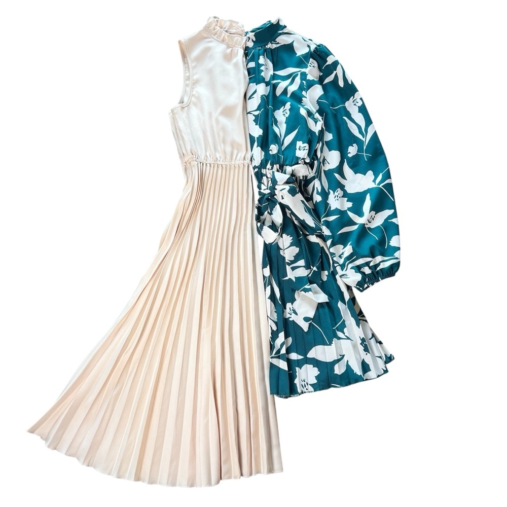 2 for $15 - Cream Ruffle Pleated w/ Belt & Green Long Sleeve Dress, Women’s S/M